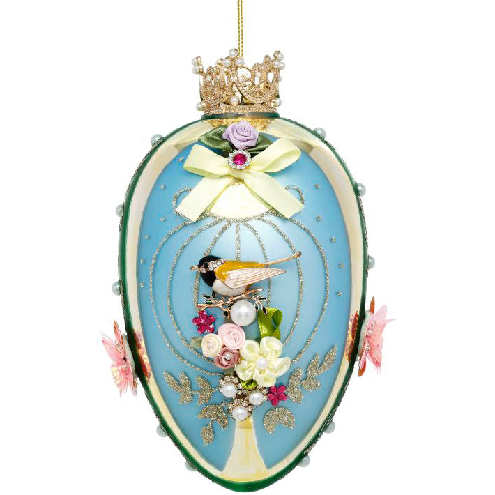 King's Jewels Faberge Egg  Blue and Green with Bird Ornament 7"