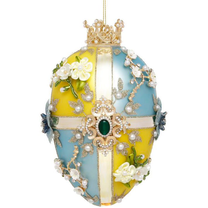 King's Jewels Faberge Egg Blue and Yellow Cross Ornament 7"