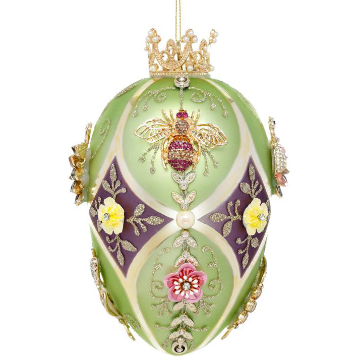 King's Jewels Faberge Egg Green and Purple with Bee and Swan Ornament 7"