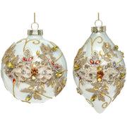 Ivory and Gold Floral Jeweled Ornament Assortment of 2