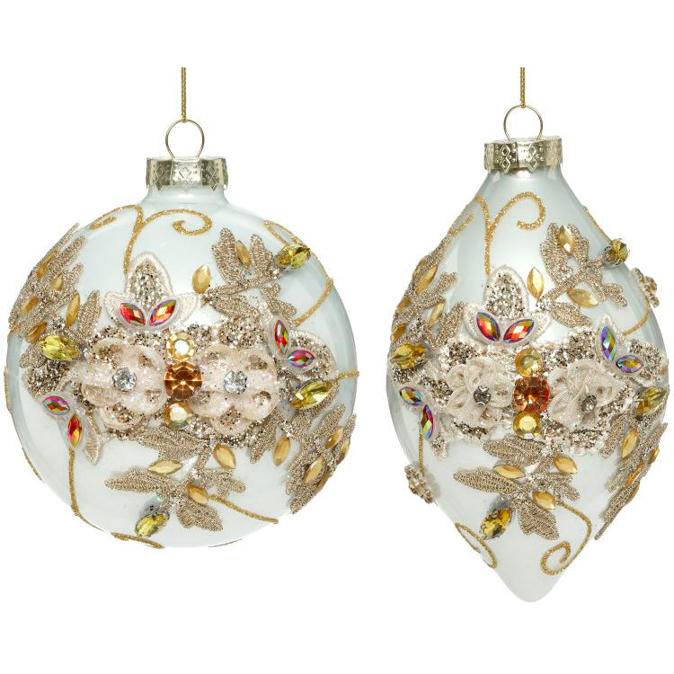 Ivory and Gold Floral Jeweled Ornament Assortment of 2