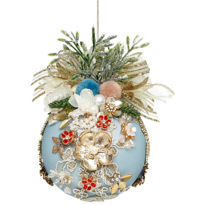 Floral Jeweled Ornament Blue 5"
