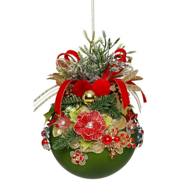 Floral Jeweled Ornament Green 5"