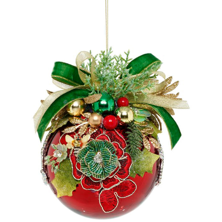 Floral Jeweled Ornament Shiny Red 5"