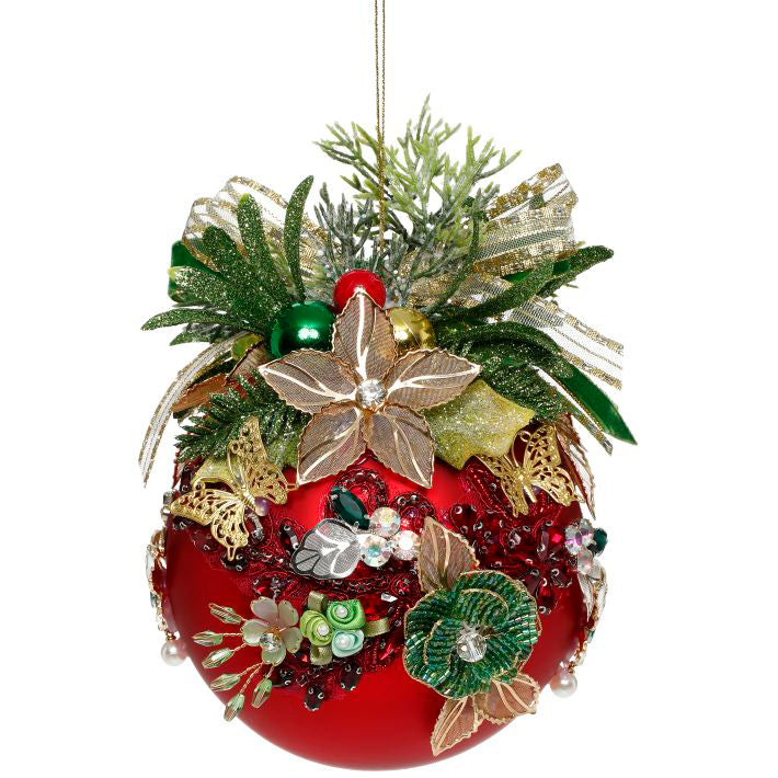 Floral Jeweled Ornament Red 5"