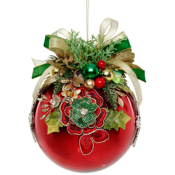 Floral Jeweled Ornament Shiny Red 6"
