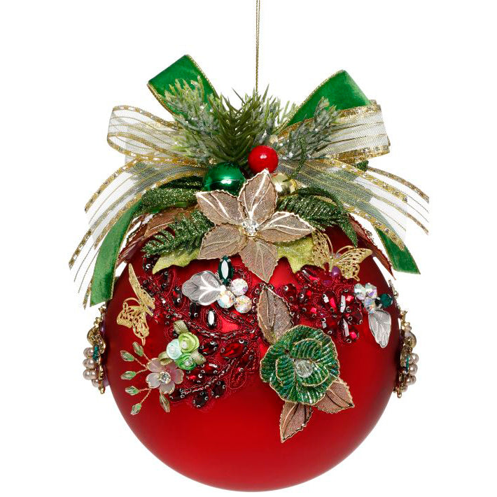Floral Jeweled Ornament Matte Red 6"
