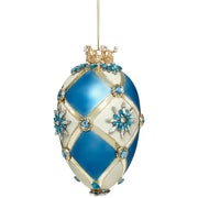 Faberge Jeweled Egg Ornament Blue and Ivory 7"