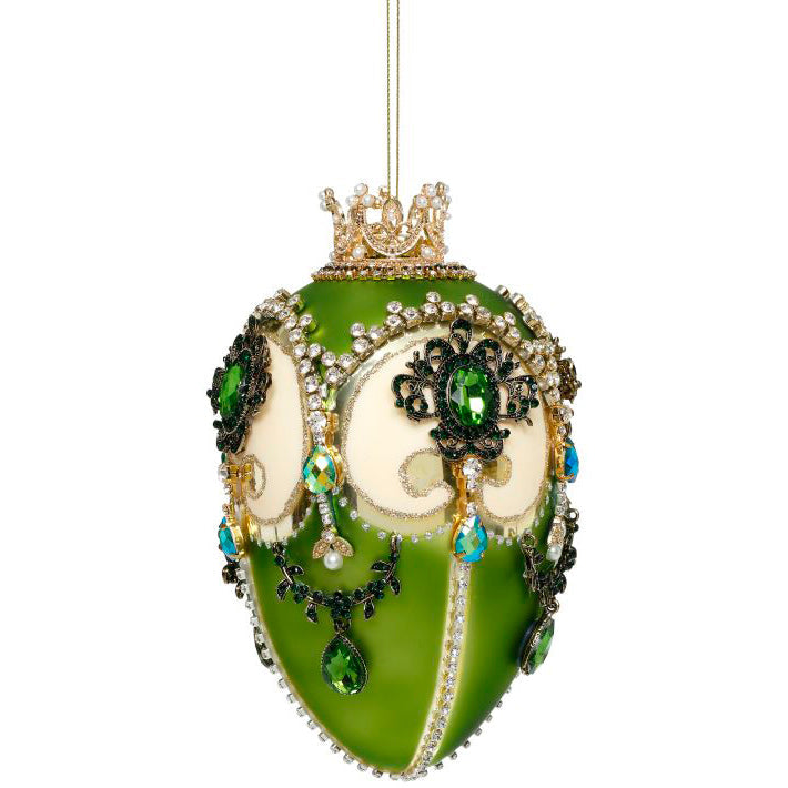 Faberge Jeweled Egg Ornament Gold and Green 7"