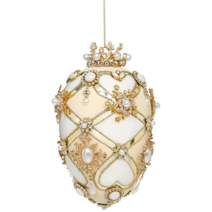 Faberge Jeweled Egg Ornament White and Cream 7"