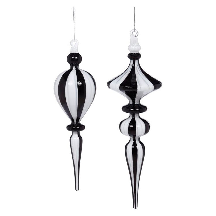 Black and White Grand Stripes Finial Ornament 9 and 11 Inches Set of 2