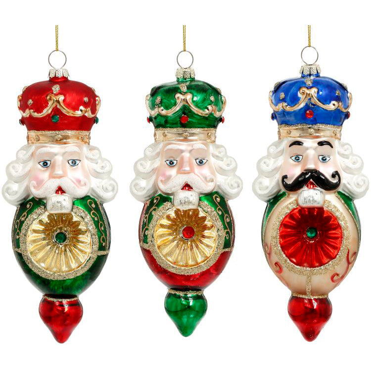 Crowned Nutcracker Reflector Ornament 7 Inches Set of 3