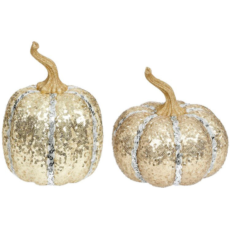 Gold Sequined Halloween Pumpkins 8 and 9 Inches Set of 2