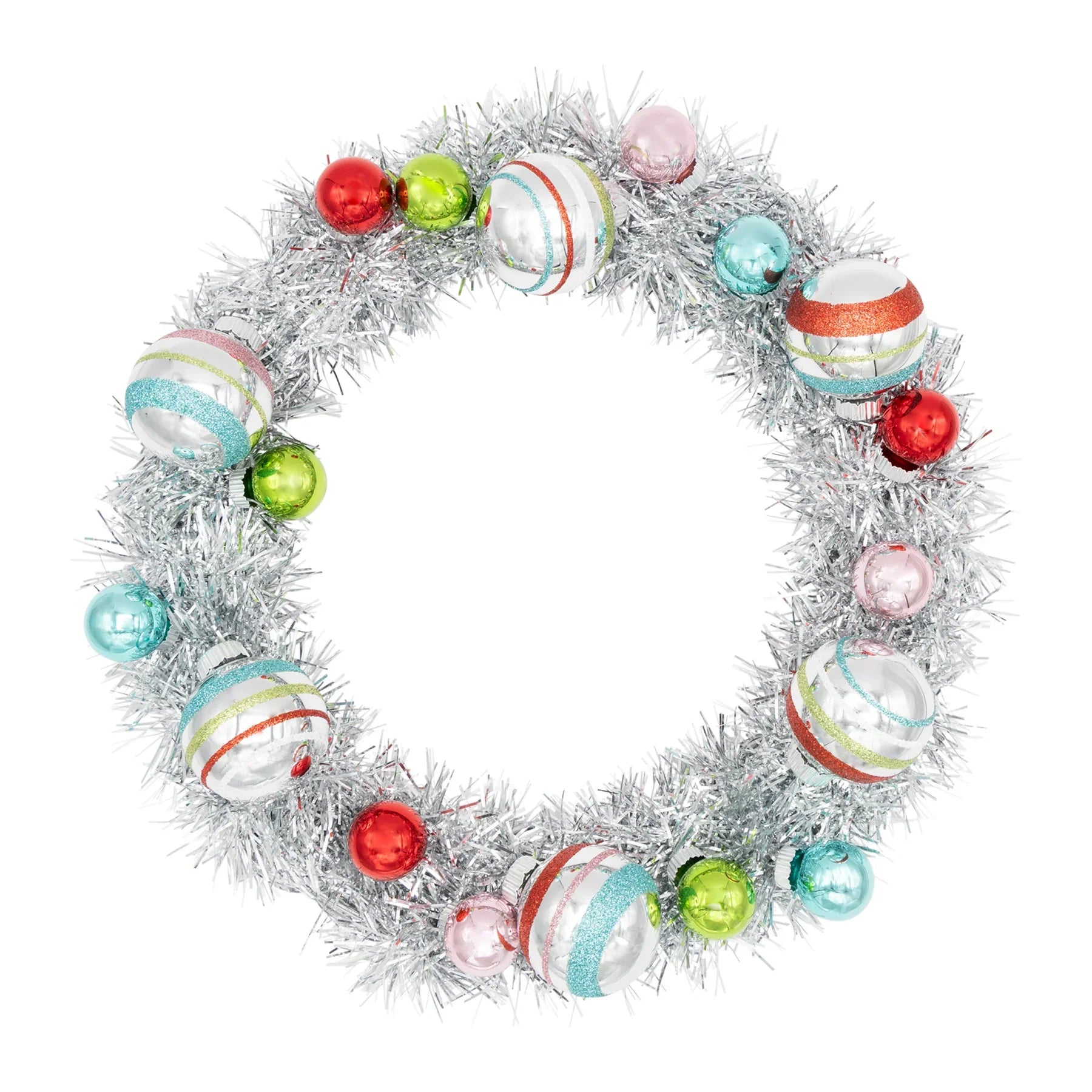 Festive Fete Silver Tinsel Wreath With 1" And 1.75" Rounds