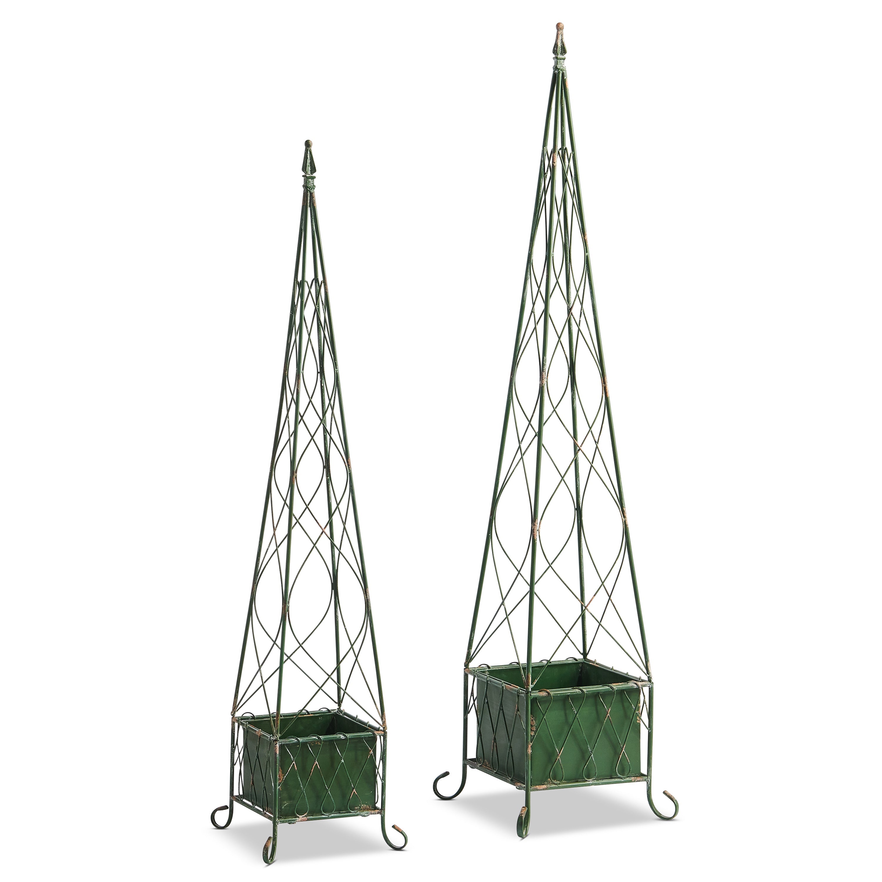 Distressed Square Garden Obelisks 51 Inches and 60.5 Inches  Set of 2