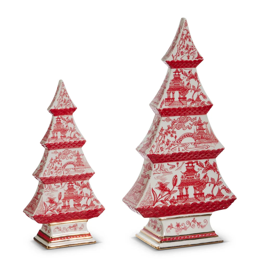 Red Chinoiserie Trees Set of 2 12.5"