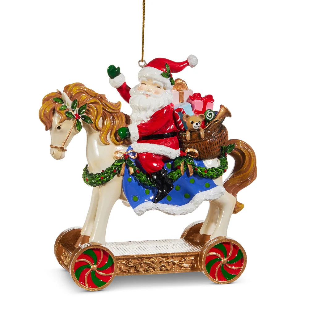 Santa on Toy Horse Ornament 5"