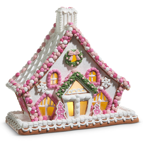 Lighted Pink Candy Gingerbread House 11.5"