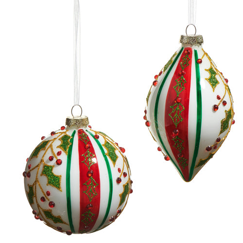 Holly Striped Glass Ornament 4" Set of 2