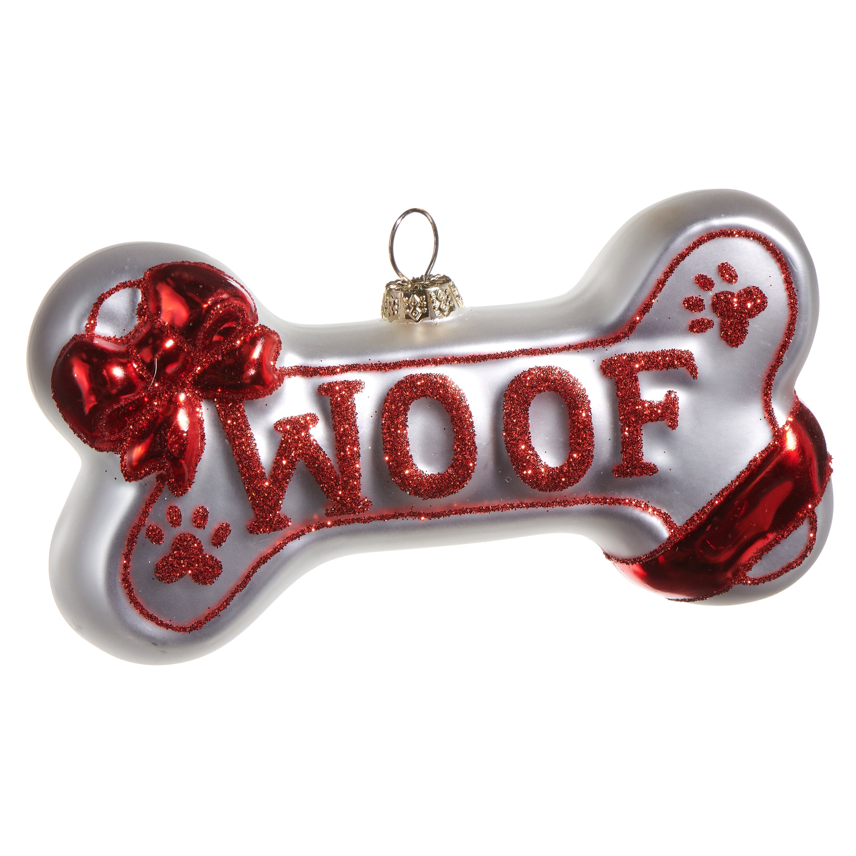 Woof Dog Bone Glass Ornament 5"