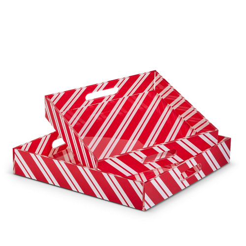 Red and White Peppermint Stripe Acrylic Trays 14" Set of 2