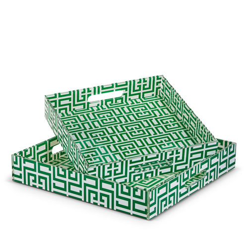 Green and White Greek Key Acrylic Trays 14" Set of 2