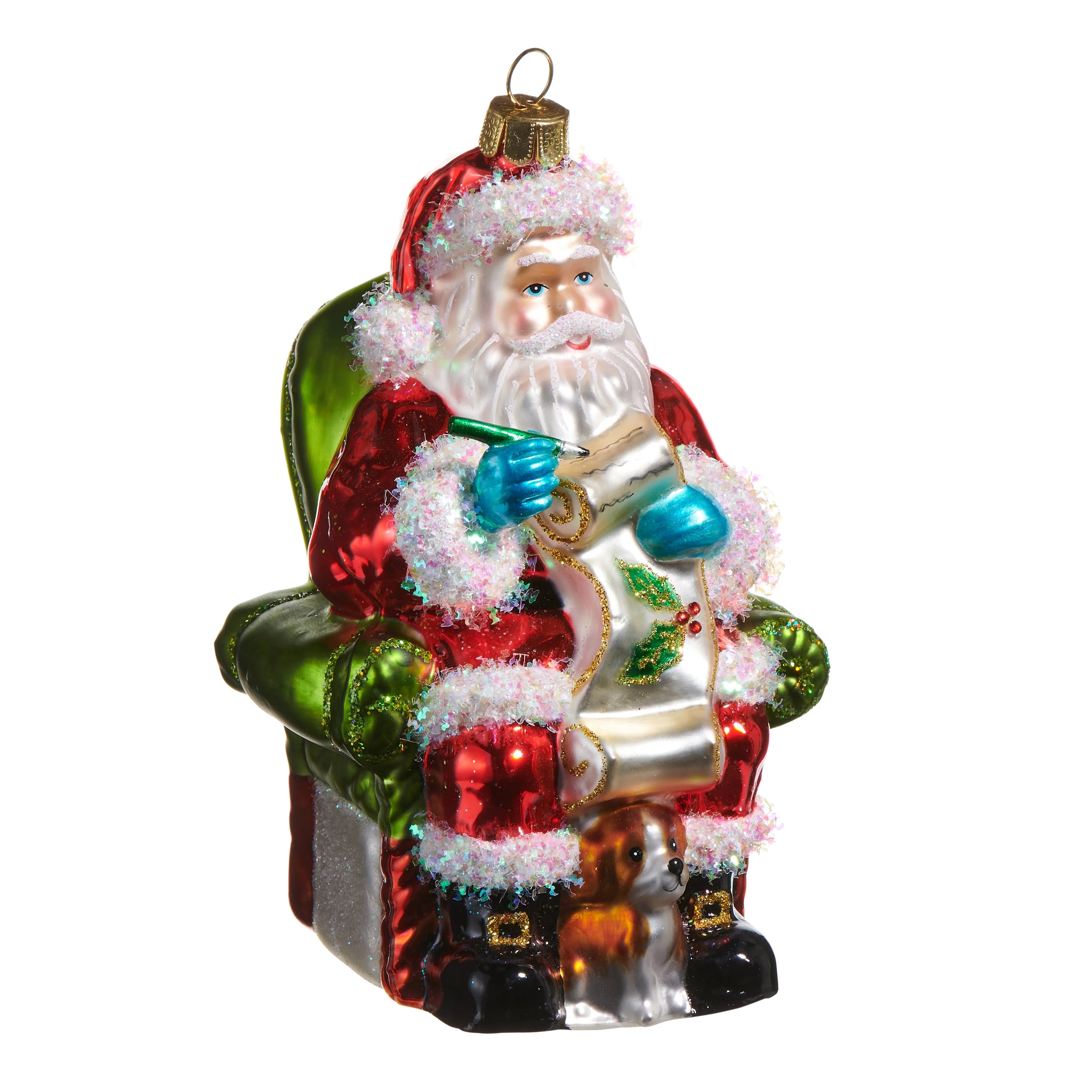 Santa In Chair with Dog Glass Ornament 5"