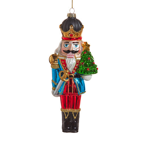 Distinguished Nutcracker Soldier with Tree Glass Ornament 8.25"