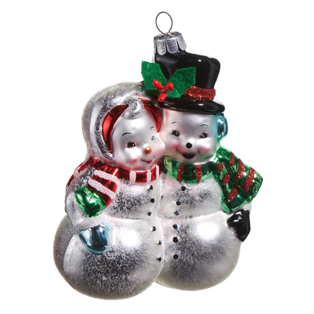Retro Snow Couple Glass Ornament 4.5"