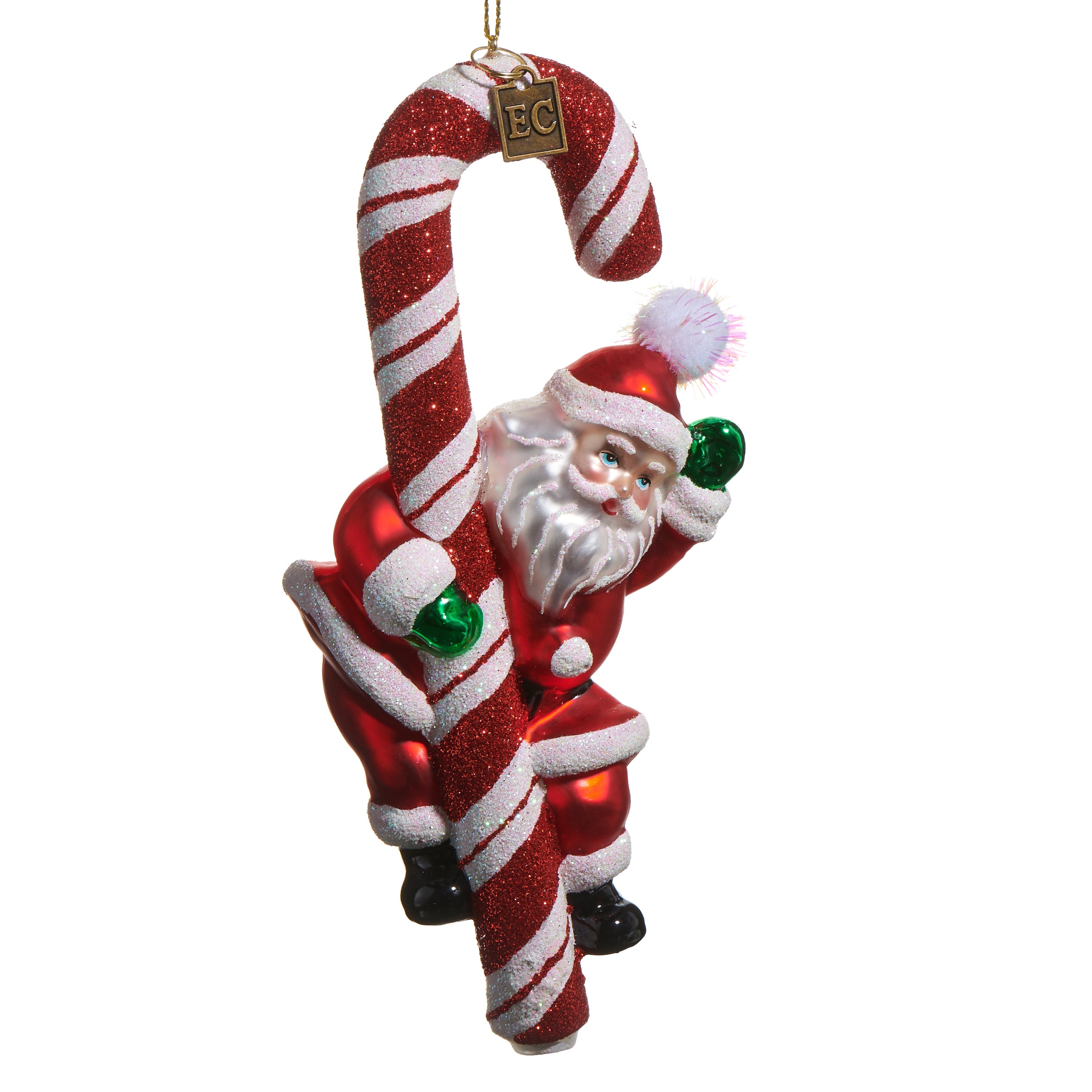 Candy Cane Santa Glass Ornament 6.75"