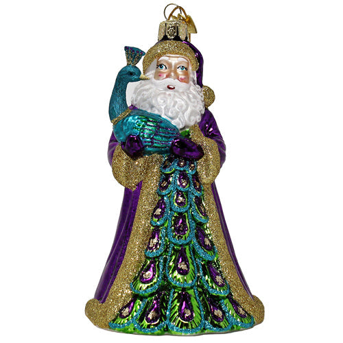 Santa with Peacock Glass Ornament 5.5"