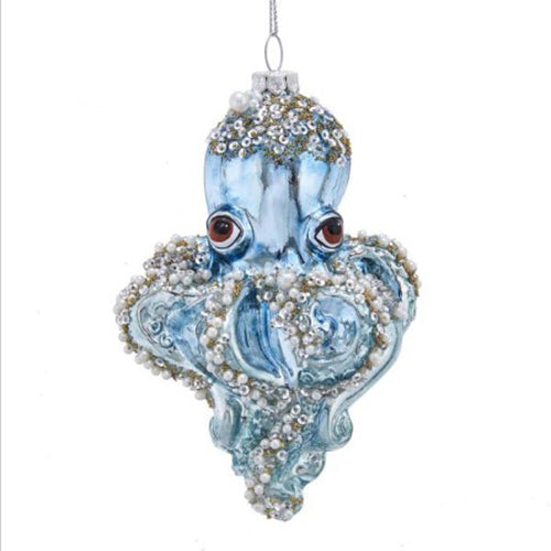 Blue Octopus with Beads Glass Ornament 5.7"
