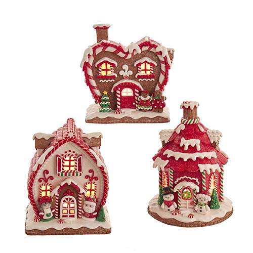 Red & White Gingerbread House with C7 Bulb 7" Set of 3
