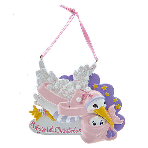 Baby's 1st Christmas Girl Stork Ornament 3"