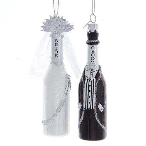 Bride & Groom Wine Bottle Glass Ornament 4.5" Set of 2