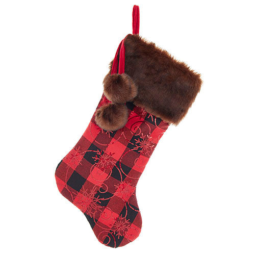 Buffalo Plaid Sequin with Faux Fur Cuff and Pom Poms Stocking 20.5"
