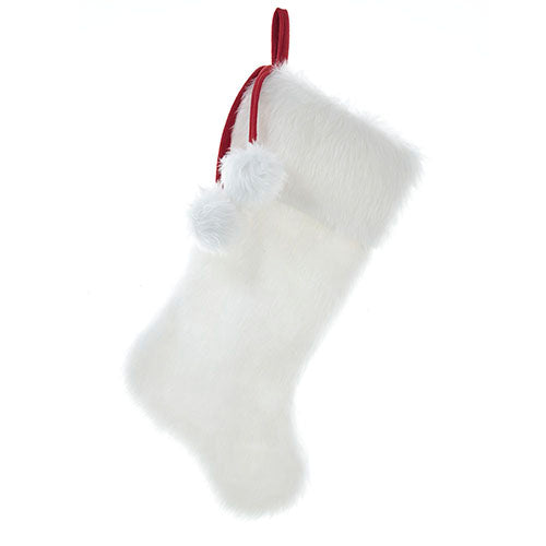 White Faux Fur With Pom Poms Stocking 20.5"