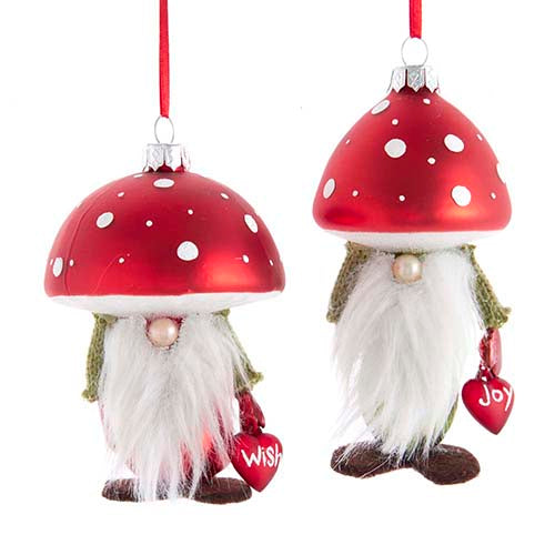 Glass Mushroom Gnome Head Ornament 4" Set of 2