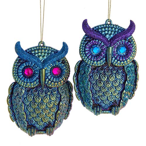 Peacock Owl Ornament 4.3" Set of 2