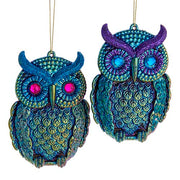 Peacock Owl Ornament 4.3" Set of 2