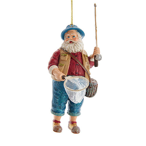 Fishing Santa with Rod & Net Ornament 5.5"