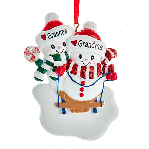 Grandma & Grandpa Snow Couple on Sled Ornament 4.5"