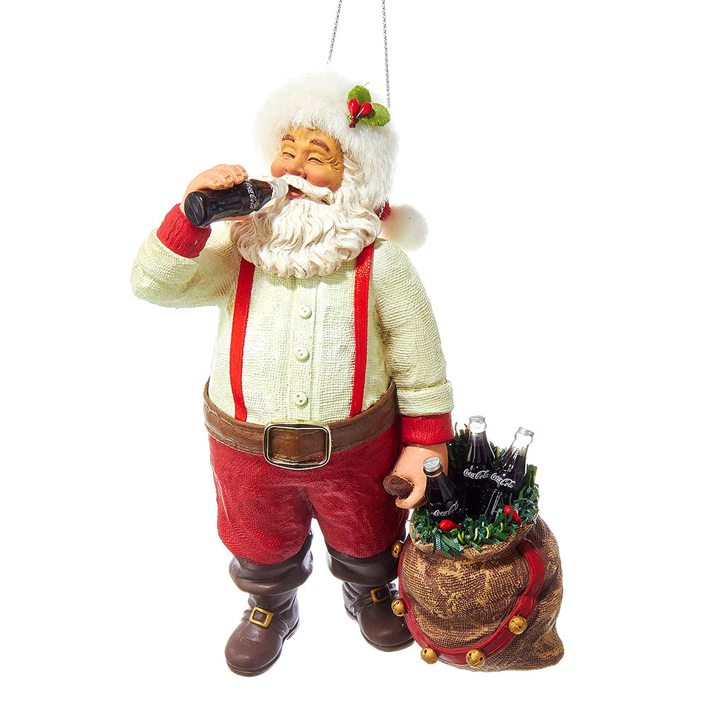 Coca Cola Santa Drinkng Coke with Sack & Bottles Ornament 5.5"