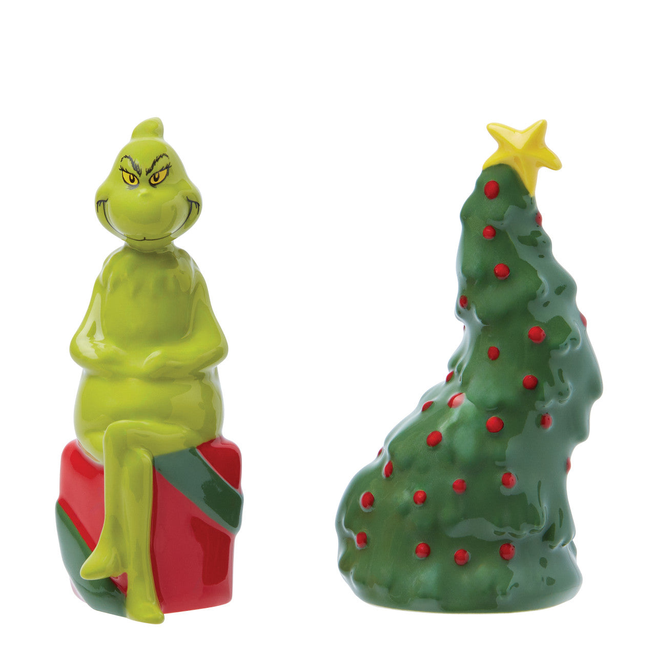 Grinch on Present and Who-ville Christmas Tree Salt and Pepper Set of 2