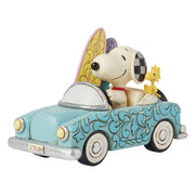 Sunny Drives and Surfing Vibes Snoopy and Woodstock in Car with Surfboard