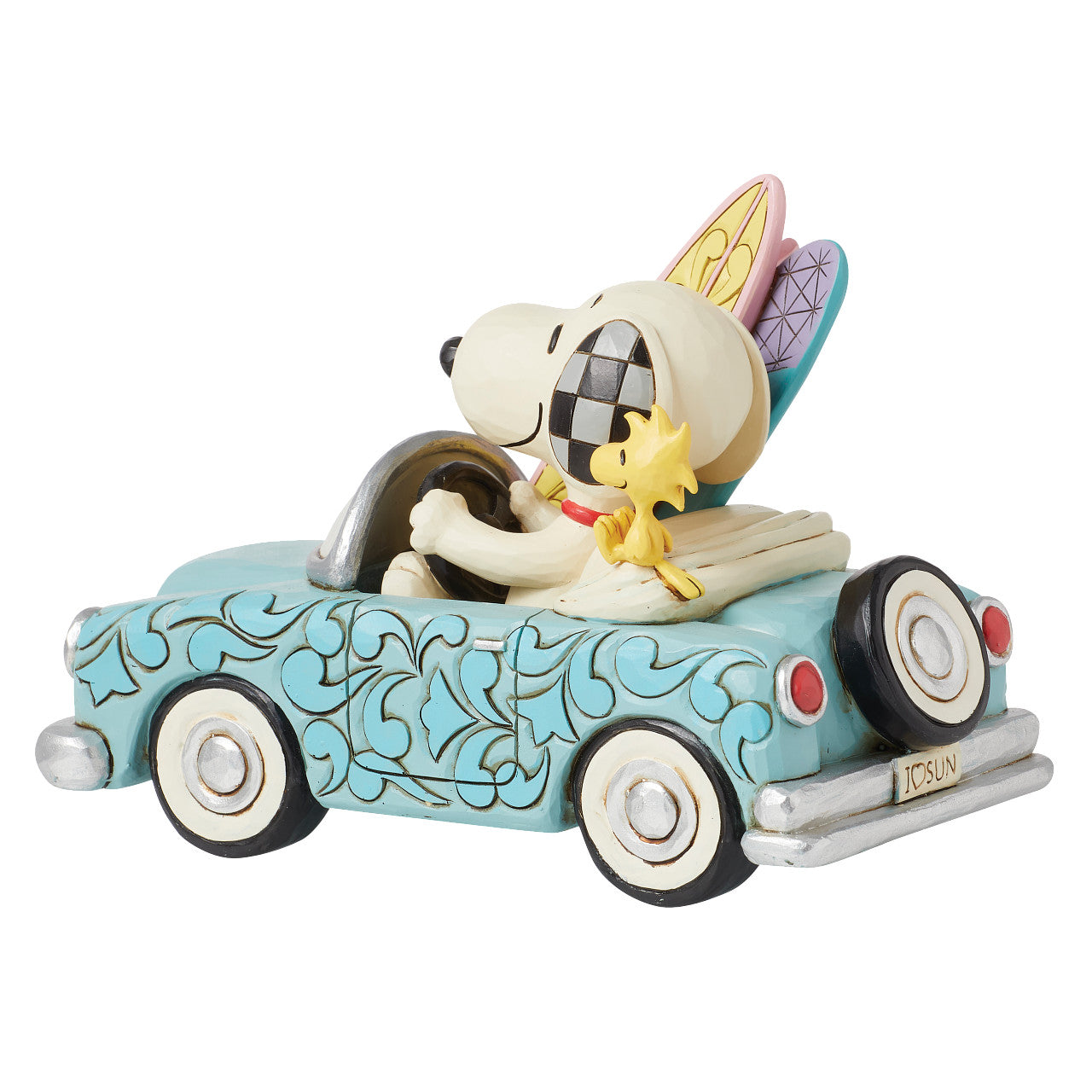Sunny Drives and Surfing Vibes Snoopy and Woodstock in Car with Surfboard