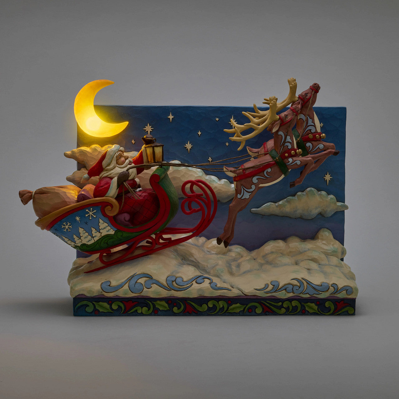 St. Nicholas is on His Way Santa in Sleigh with Reindeer LED Lit Piece