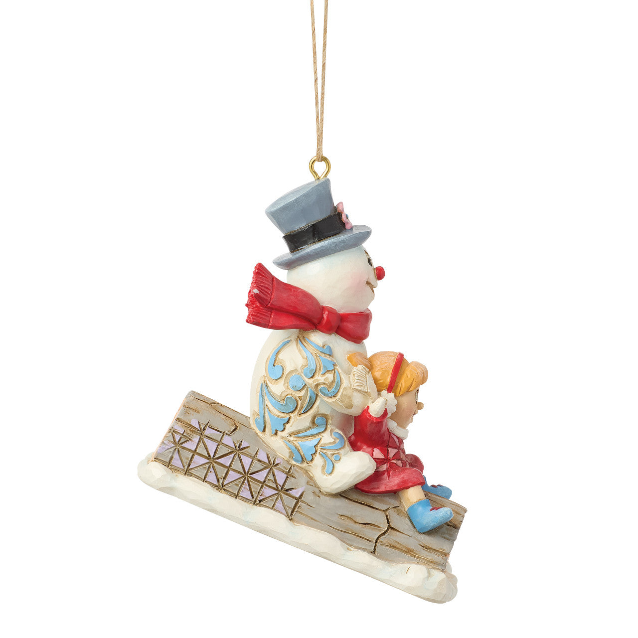 Frosty and Karen in Log Sled Ornament