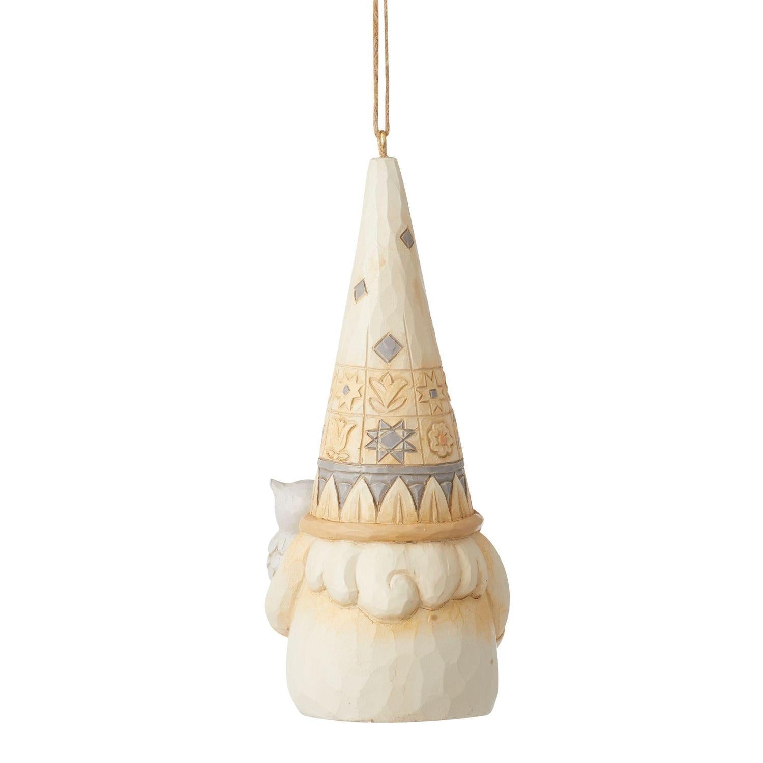 White Woodland Gnome Holding Owl Ornament
