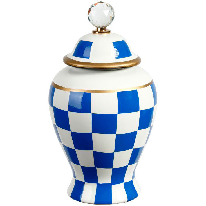 Blue & White Checkered Urn with Lid Small 11.5"